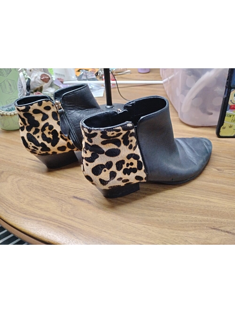 Franco Sarto, Booties, 9.5, Black, Leopard Fur Print, 3" Heel